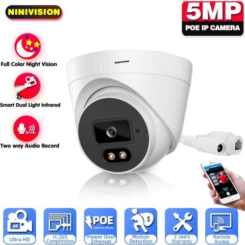 NINIVISION H.265 Dome POE Video Camera 5MP Full Color Night Vision IP Two-Way Audio CCTV Surveillance Camera