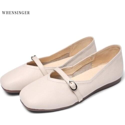 Whensinger - Women Loafers Genuine Leather Fashion Round Toe Ladies Flat Shoes Woman Sweet Flats Word Band Casual Shoes