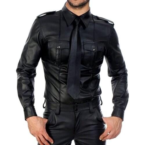 Men Leather Shirts PU Leather Long Sleeve Shirts Men Fitness Tops Gay Latex Shirt Mens Stage Tops Blouse Sexy Party Clubwear