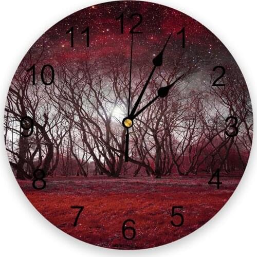 Red Trees Starry Sky Forest Wall Clocks Home Decoration Silent Round Wall Watches for Home Living Room Kitchen Wall Decor