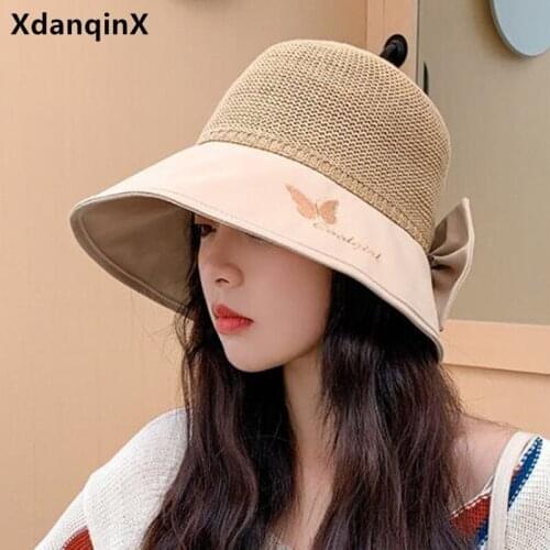 XdanqinX New Summer Womens Panama Hat Breathable Bucket Hat Foldable Embroidery Bow Decoration Ventilated Beach Hats Multicolor