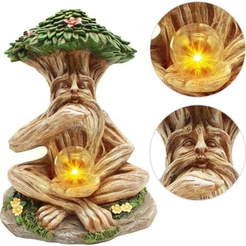 Solar Garden Tree Man Statue LED Lamp Fairy Garden Resin Gnome Statue Courtyard Lawn Porch Solar Root Statue Decoration Ornament
