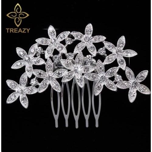 TREAZY Pretty Leaf Flower Wedding Tiara Sparkling Crystal Rhinestone Bridal Hair Combs Hair Clip Women Wedding Party Accessories