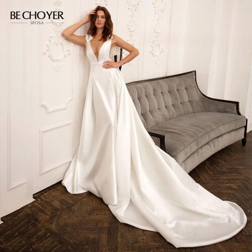 Wedding Dress Bow Backless 2 In 1 Train A-Line 2021 V-neck Open Back Beach Satin Princess BECHOYER PA30 Bridal Vestido De Noiva