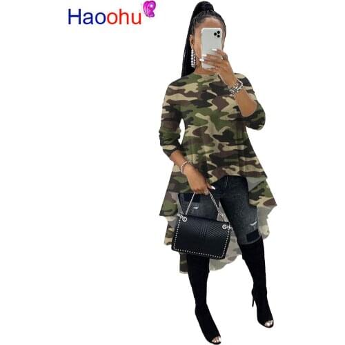 Women New Winter O-Neck Tees Full Sleeve Fashion Camouflage+leopard Print T-Shirt Sexy Casual Asymmetric Loose Tops