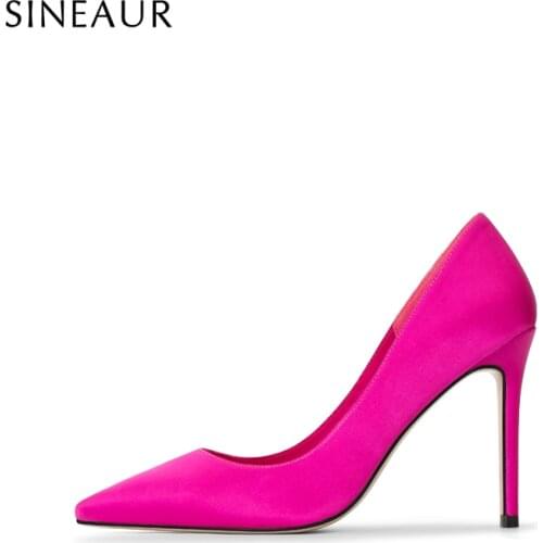 SINEAUR Shoes For Women 2021 10CM Super High Thin Heels Pointed Toe Satin Pumps Red Office Ladies Party Dress Plus Size 35-45