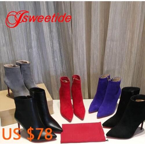 High Quality Short Shoes Zipper Decor Pointed Toe High Heels Cashmere surface Brand Women Genuine leather Motorcycle Boots