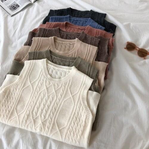 Vintage Korean V-Neck Knitted Sweater Vest Women 2020 Autumn New Solid Loose Sleeveless Women Sweater Casual Pullovers plus size