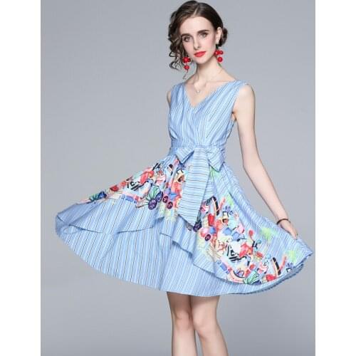 WTIANYUW Women Summer Elegant Stripe Dress Festa High Quality Short V- Neck Party Robe Femme Vintage Designer A-Line Vestidos