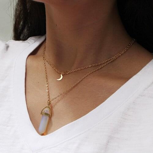 Fashion Jewelry Womens Favorite Nature Stone Hexagon Pendant Necklace 7 Color Moon Charm Romantic Layered Necklaces