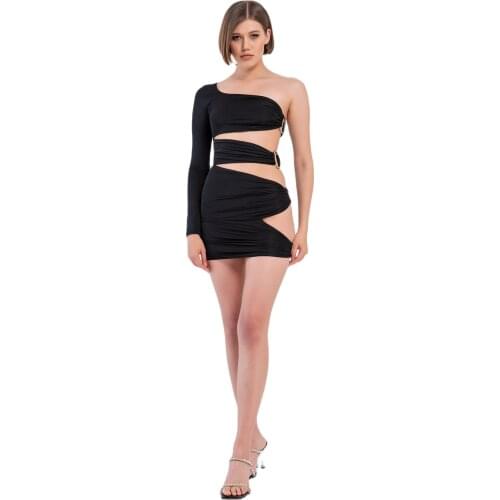 Womens Casual Basic One Shoulder Tank Top Metal Ring Exposed one sleeve Mini Club Dress Sexy Bodycon Mini Dress Short Backless
