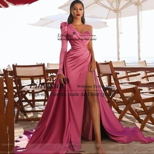 Sexy One Shouldr Hot Pink Evening Dress Mermaid Long High Side Split Prom Dresses New Arrival Celebrity Party Dresses