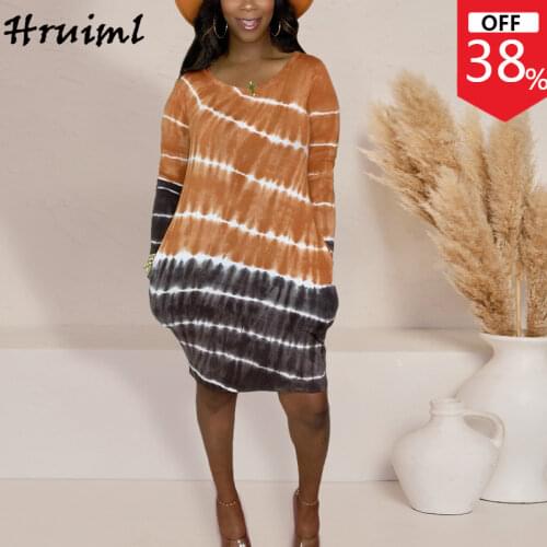 Vintage Dresses Women Autumn Tie Dye Print Long Sleeve O Neck Ladies Mini Dress Casual Loose Beach Holiday Plus Size Dress 2020