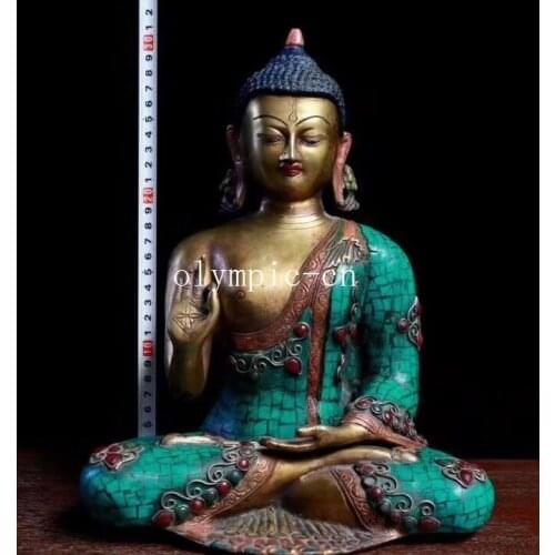 12''Nepal tibet bronze gold inlay Turquoise coral gem tathagata Sakyamuni buddha