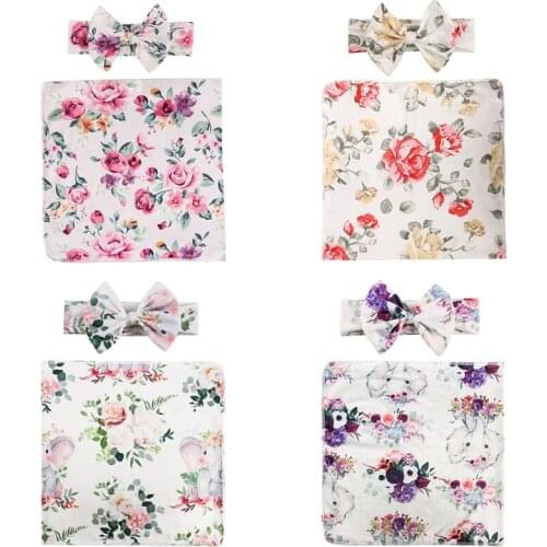 2 Pcs Newborn Baby Receiving Blanket Headband Set Infant Floral Print Swaddle Wrap Sleeping Bag Hair Band Kits for Infants G99C