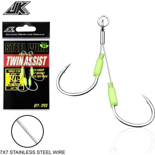 JK 3PACK Wear Resistant Jigging Hook Steel Wire Jig Twin Assist Hooks Glow Saltwater Fishhook Sea Hooks Boat Fishing Tackle