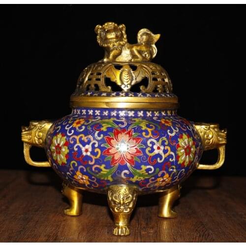 9"Chinese temple collection Old Bronze Cloisonne Enamel Lion statue Incense Three-legged beast head incense burner Town House