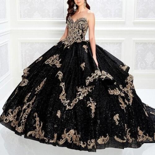 Shining Black Beaded Ball Gown Quinceanera Dresses Sweetheart Neck Lace Appliqued Prom Gowns Sequined Sweep Train Tulle Sweet 15