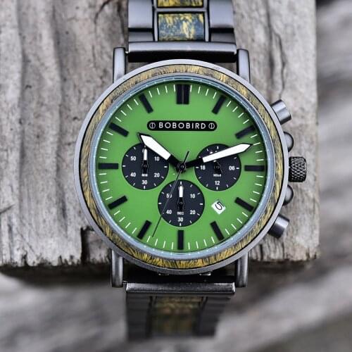 BOBO BIRD Men Watch Relogio Masculino Top Brand Luxury Stylish Chronograph Military Green Watches Timepieces in Wooden Gift Box