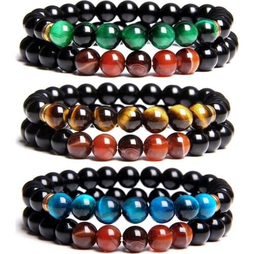8 mm Gold Tiger Eye Stone Beads Bracelets For Women Friendship Bracelet Men Natural Energy Polished Black Onyx Bangle Jewelry