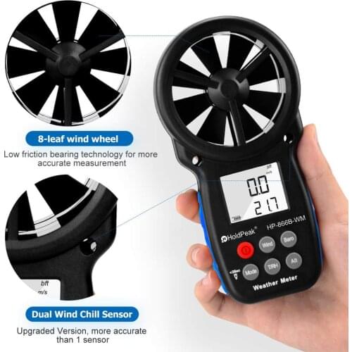 Digital Anemometer 866B-WM Handheld Wind Speed Meter with Back Light LCD Screen for Measuring Wind Speed Temperature humidity