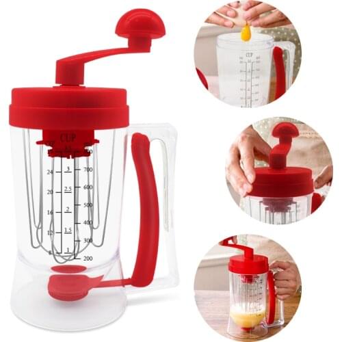 Pancake Cupcake Batter Dispenser Tool with Measuring Label Hand-Crank Whisk Lid Baking Tool Bakeware Maker for Muffins Waffles