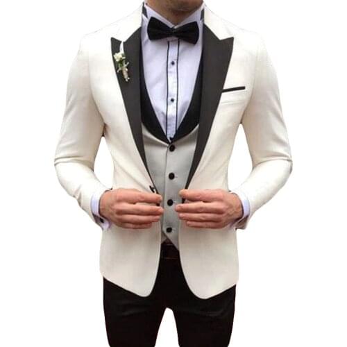 Italian Ivory Men Suits for Wedding Groom Wedding Tuxedos Slim Fit Male Business Blazer Peaked Lapel 3 Piece Coat Pant Vest