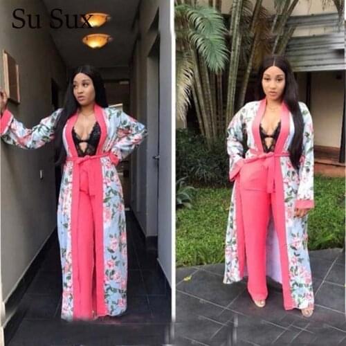 Flower Print Two Piece Set African Clothes Tracksuit Set Long Sleeve Top &Pink Pants Set Casual Outfit Robe 3 Piece Set Vestidos