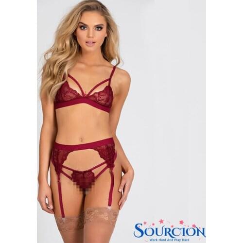 SWT Sexy Lingerie Set Women Deep V Neck Lace Bandage Bra + Briefs Set Exotic Garter Underwear Perspective Lingerie Set