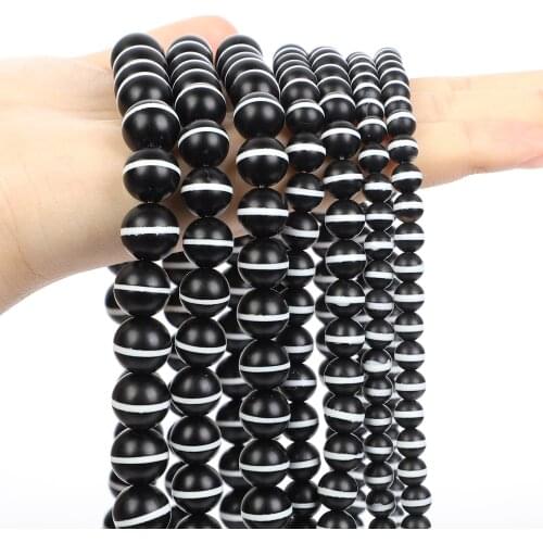 Frosted White One Stripe Black Agata Onyx Natural Dull Polish Agates Round Loose Spacer Bead For Jewelry Making DIY 6/8/10/12MM