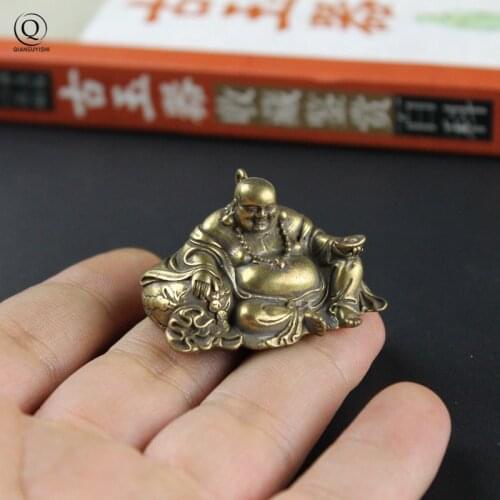 Copper Maitreya Buddha Statue Keychains Pendant Retro Solid Brass Hanging Ornaments Laughing Buddha Key Rings Pendants