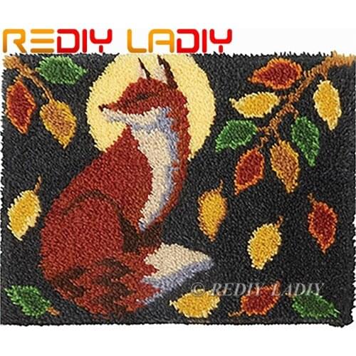 Latch Hook Rug Kit Crocheting Carpet Rug Moon Red Fox Acrylic Yarn Pre-Printed Canvas Cushion Mat DIY Crochet Tapestry Crafts