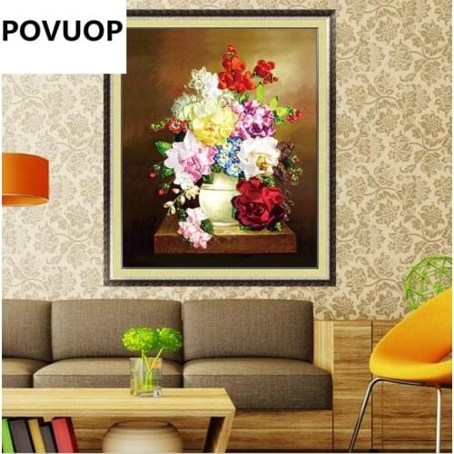 POVUOP Ribbon embroidery fashion flower paintings 60X50cm cross stitch kit three-dimensional embroidery