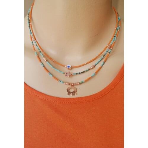Orange Green Afghan Beads Rose Elephant Evil Eye Starfish Triple Kombin Necklace
