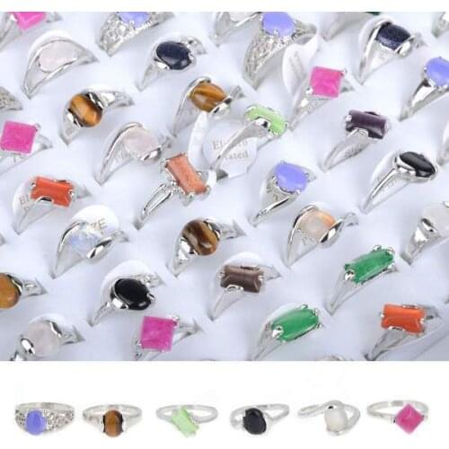 Wholesale 5Pcs Mixed Natural Stone Silver Color Vintage Tibetan Natural Stone Rings