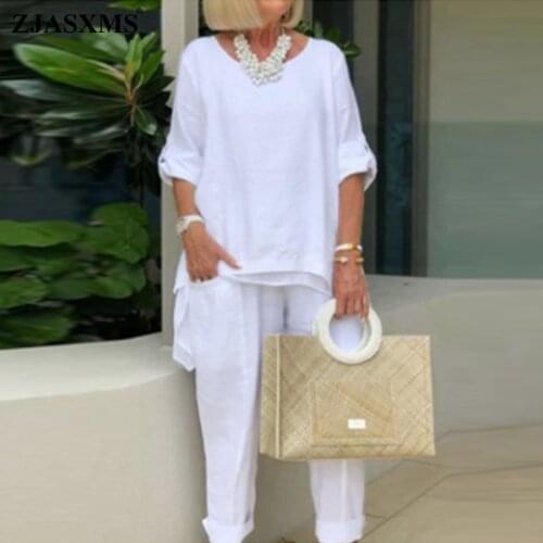 Casual Simple Cotton Linen Set Women Fashion O Neck Irregular T Shirt Pullover and Pocket Pants Suit Spring Autumn Lady Outfits