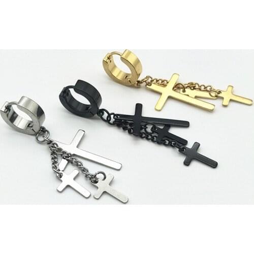 1Piece Punk Cross Chain Pendant Round Earrings For Women Rock Men Simple Stainless Steel Gold Black Silver Stud Earrings Jewelry
