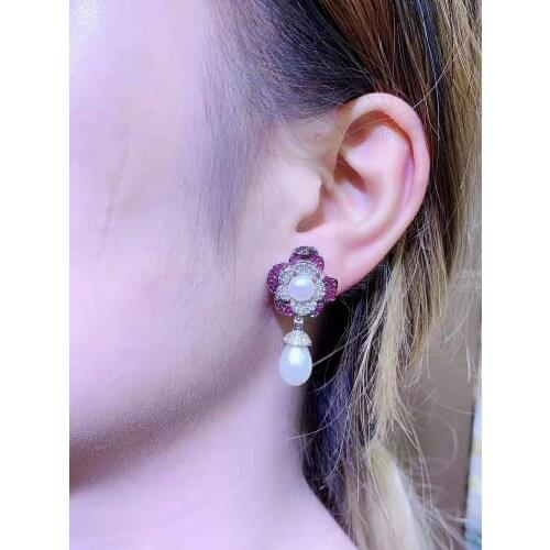 White Sea Shell Pearl Golden Plated Flower Cz Drop Earrings