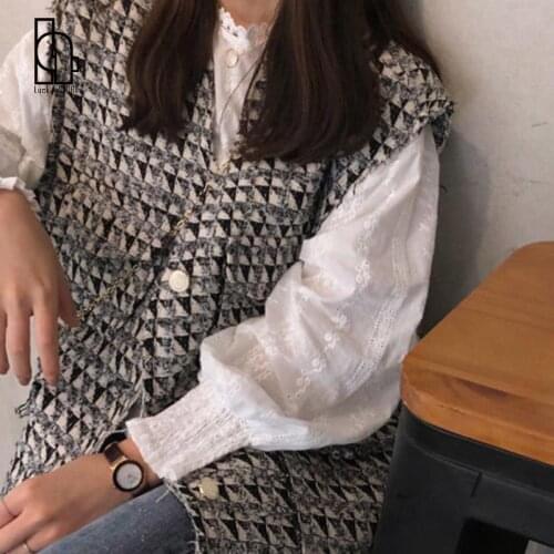 Women Sets Autumn Elegant Plaid Tweed Vest Fashion Blouse Puff Sleeve Lace Embroidery Tops Casual Office Streetwear Female