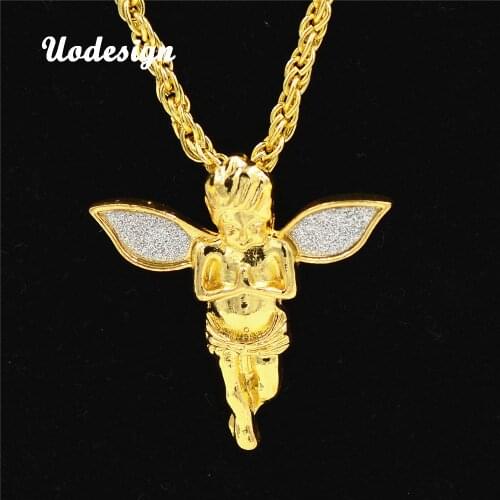 Uodesign Mens Hip Hop Iced Out Rhinestone Pendant Necklace Set Micro Angel Pendant Necklace Male Jewelry