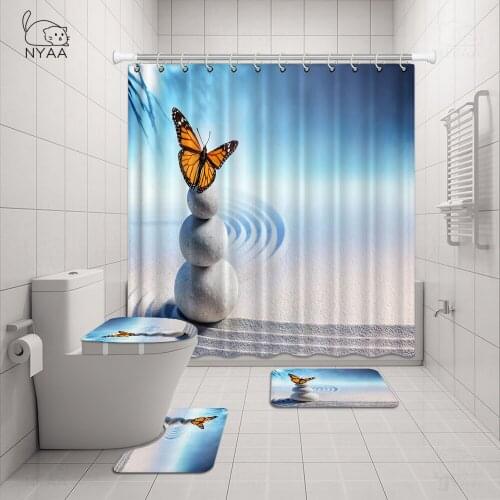 Roses Butterfly Flower Shower Curtains Waterproof Bathroom Curtain Toilet Cover Mat Non-Slip Rug Set for Bathtub Decor