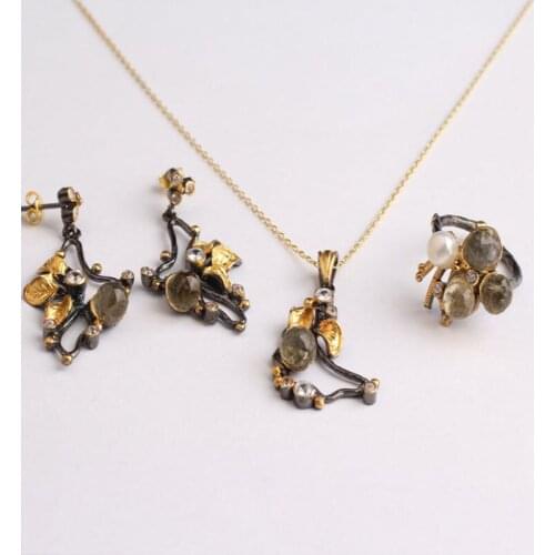 Woman Handmade Oval Light Green White Pearl Zircon 925 Silver Jewelry Set, Zirconia ring, Zirconia Necklace, Blue Zircon