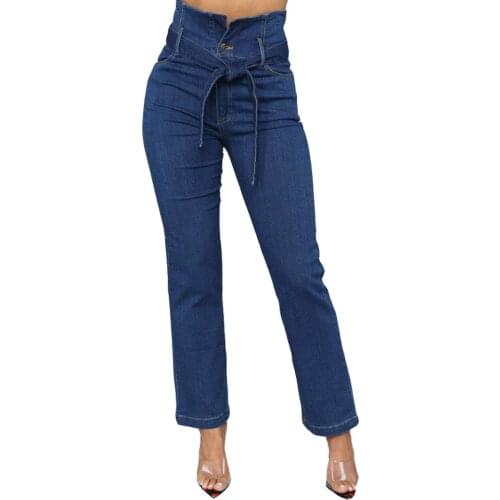 2019 New Woman Hot Slim Straight Pants Blue High Waist Belt Stretch Jeans Wide Leg Pants Loose Fit Trousers