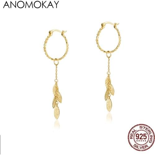 Anomokay Trendy Gold Color Tree Chain Drop Earring for Women Casual Gift Genuine Sterling 925 Silver Round Earrings for Party