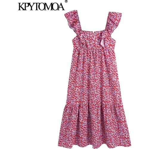 KPYTOMOA Women 2021 Chic Fashion Floral Print Ruffled Midi Dress Vintage Sleeveless Back Zipper Female Dresses Vestidos Mujer