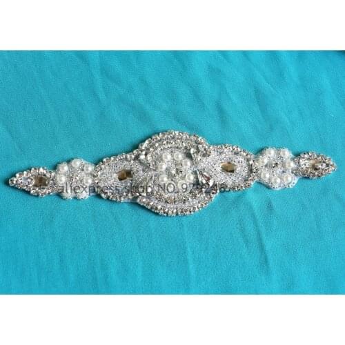1pcs/lot flower pearl rhinestone beaded trims for bridal handband ornament clear crystal strass applique wedding dress accessory