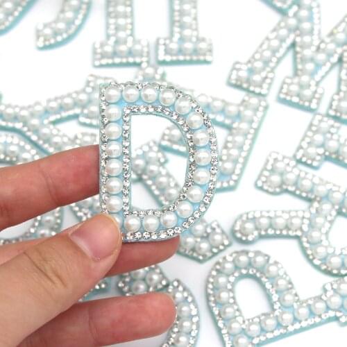 1Pcs Pearl Rhinestone Letter Patches Blue Base Alphabet Patch Applique Cloth Sticker Sew/Glue On Patch Badge For Jeans DIY Name