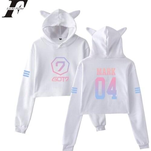 2018 LUCKYFRIDAYF GOT7 kPop cotton Long Sleeve crop top Hoodies Sweatshirt Women men Cat Hooded Pullover Crop Tops plus size
