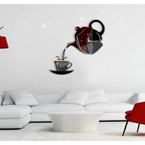 3D Wall Clock Acrylic Coffee Cup Teapots Perfect Art Decorate Modern Wall Hanging Clock For Home ALI88