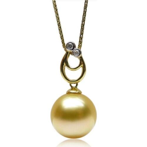 Free Shipping Gorgeous AAA 11MM Genuine South Sea Golden Pearl Diamond Pendant 18K Yellow Gold